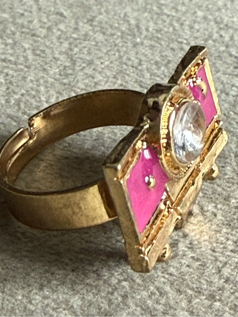 Gold-Tone Pink Enamel Statement Ring with Clear Crystal